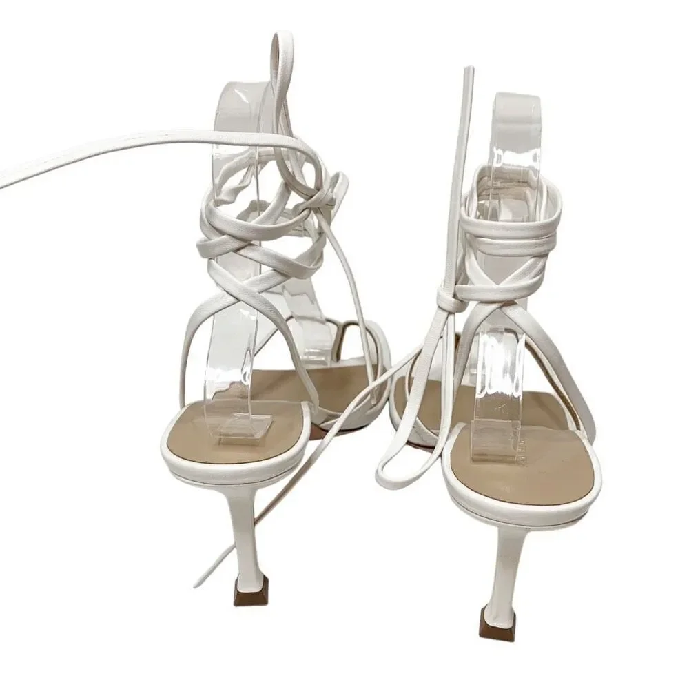 Ann Taylor White Leather Strappy Ankle Wrap Square Toe Sandal Heels Women’s 9.5M